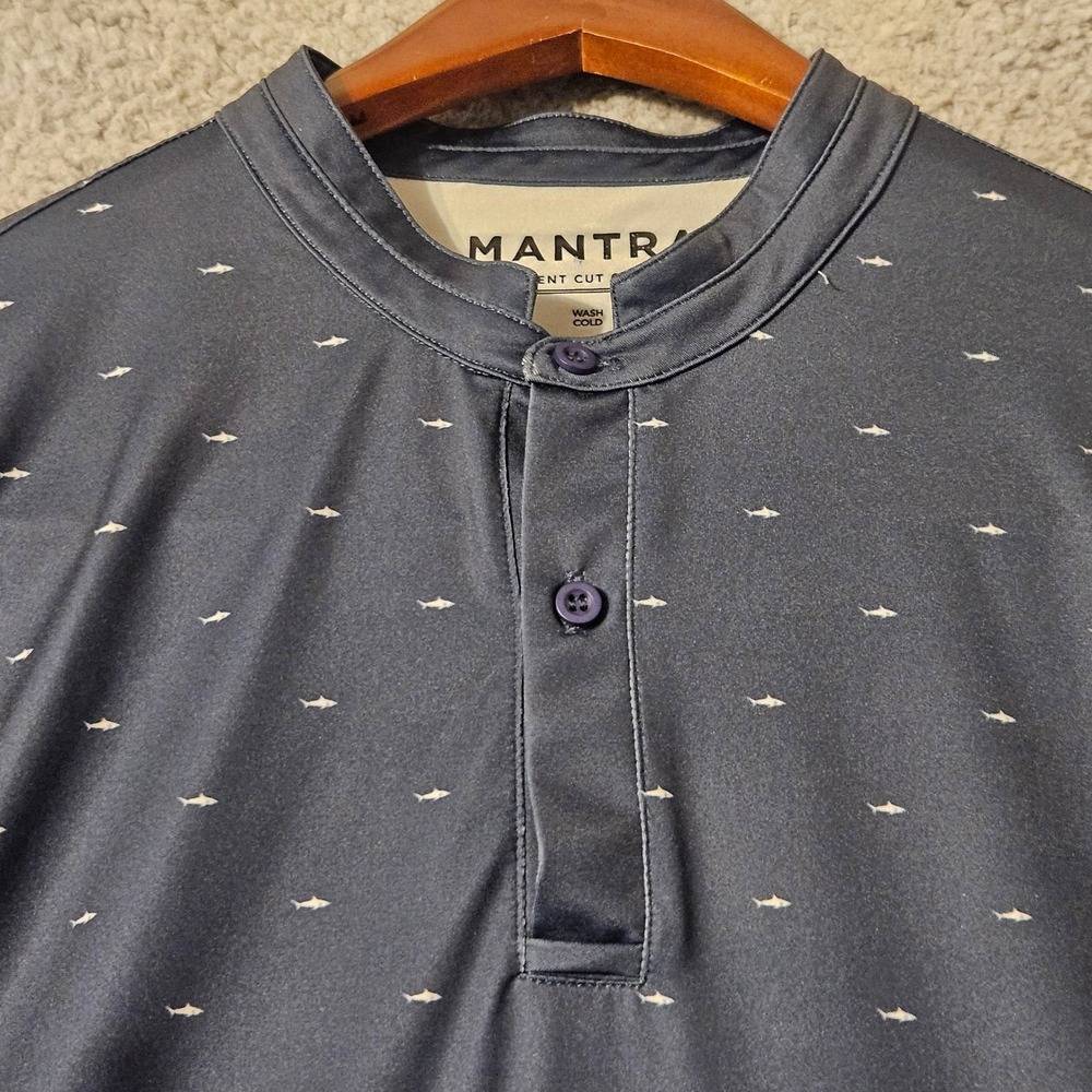 Mantra Mens Shark Print Henley Polo Shirt Navy Blue Recycled Stretch Size Medium